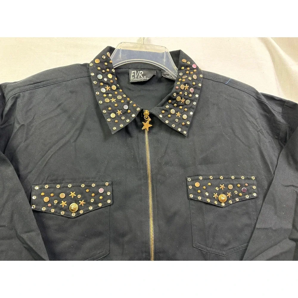 EVR Womens Black Studded Collar Zip Up Jacket‎ Star Charm Embellished Pockets XL